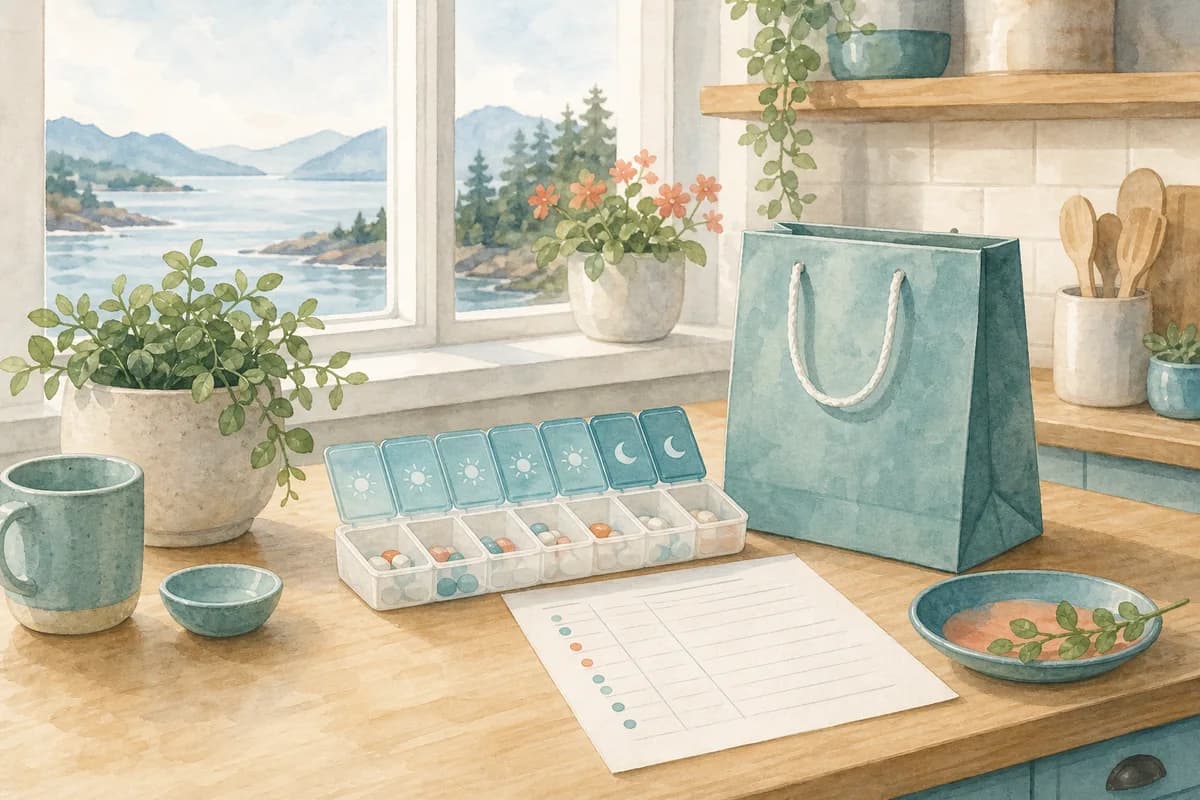 A medication organizer, plain medication list, and delivery bag on a home table for pharmacy planning in Victoria