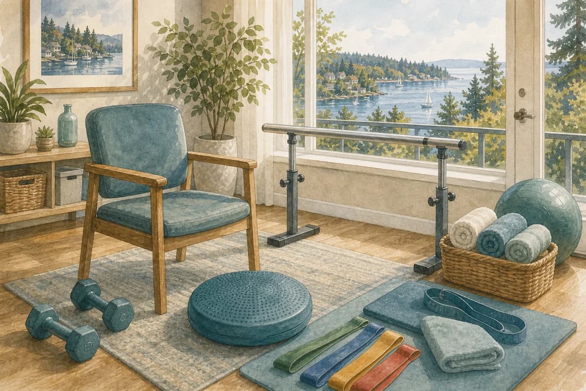 A Burnaby home physiotherapy setup with a chair, balance equipment, and soft local daylight