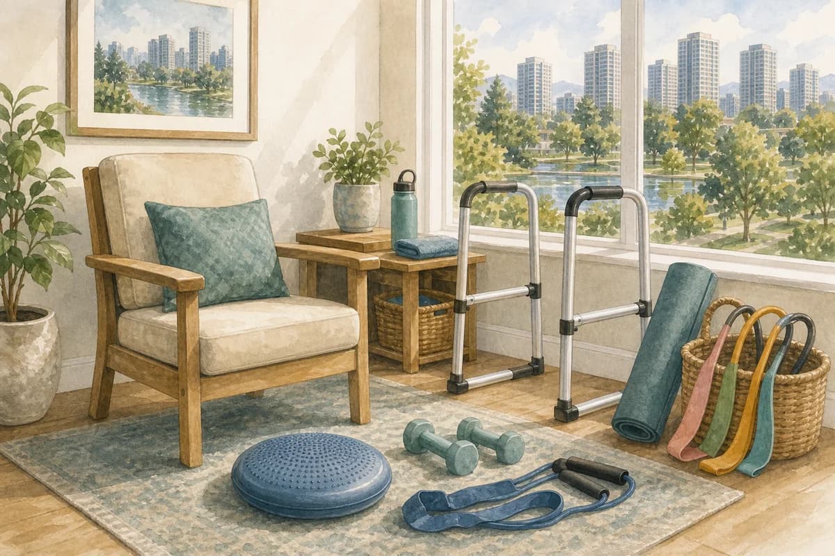 A North Vancouver home physiotherapy setup with a chair, balance equipment, and soft local daylight