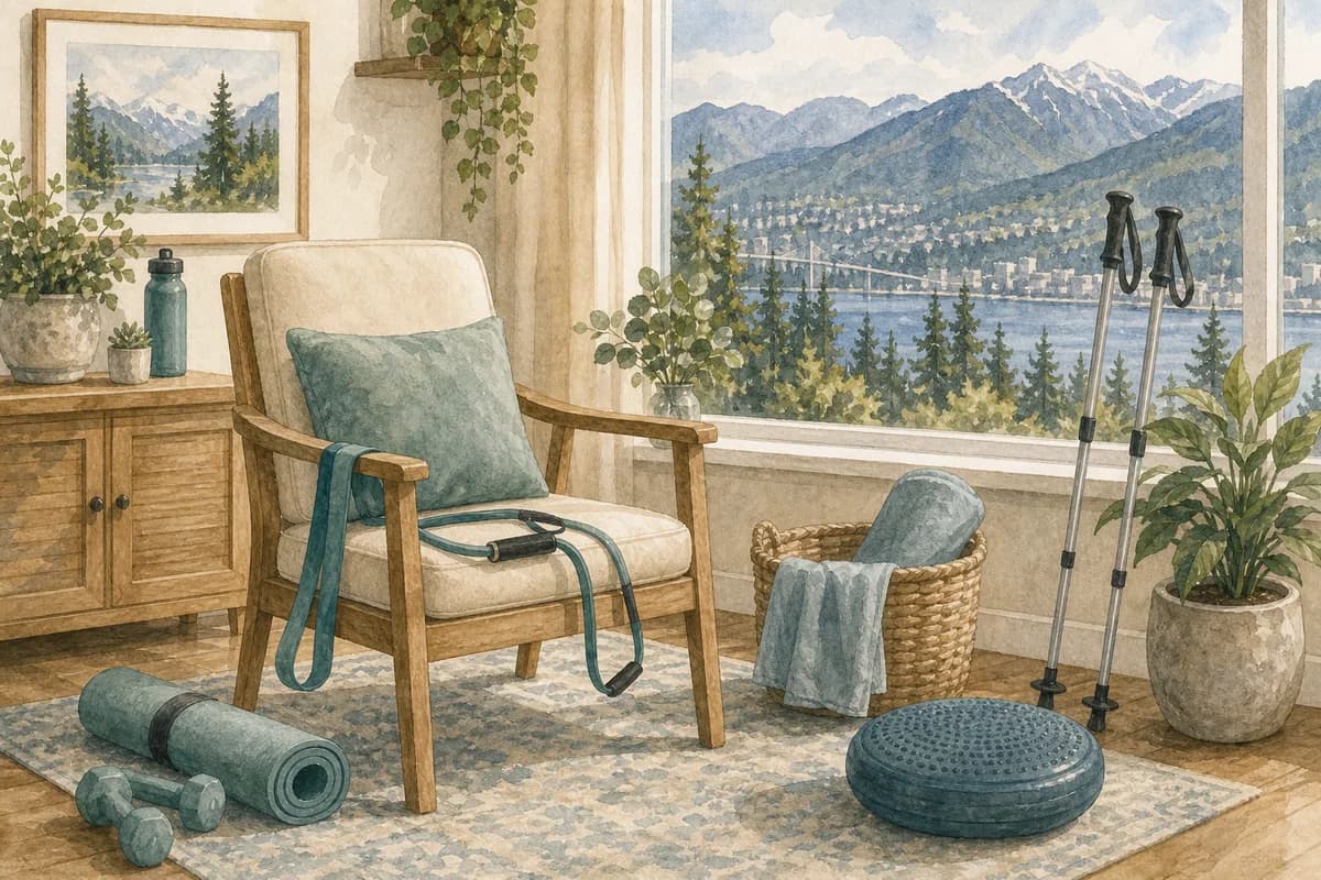 A Surrey home physiotherapy setup with a chair, balance equipment, and soft local daylight
