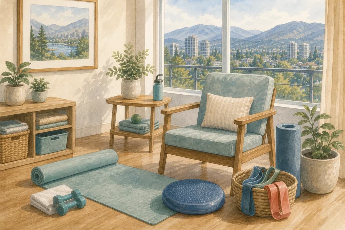 A Vancouver home physiotherapy setup with a chair, balance equipment, and soft local daylight