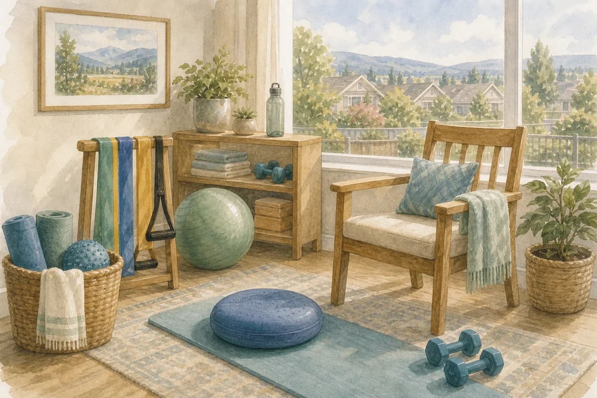 A Victoria home physiotherapy setup with a chair, balance equipment, and soft local daylight