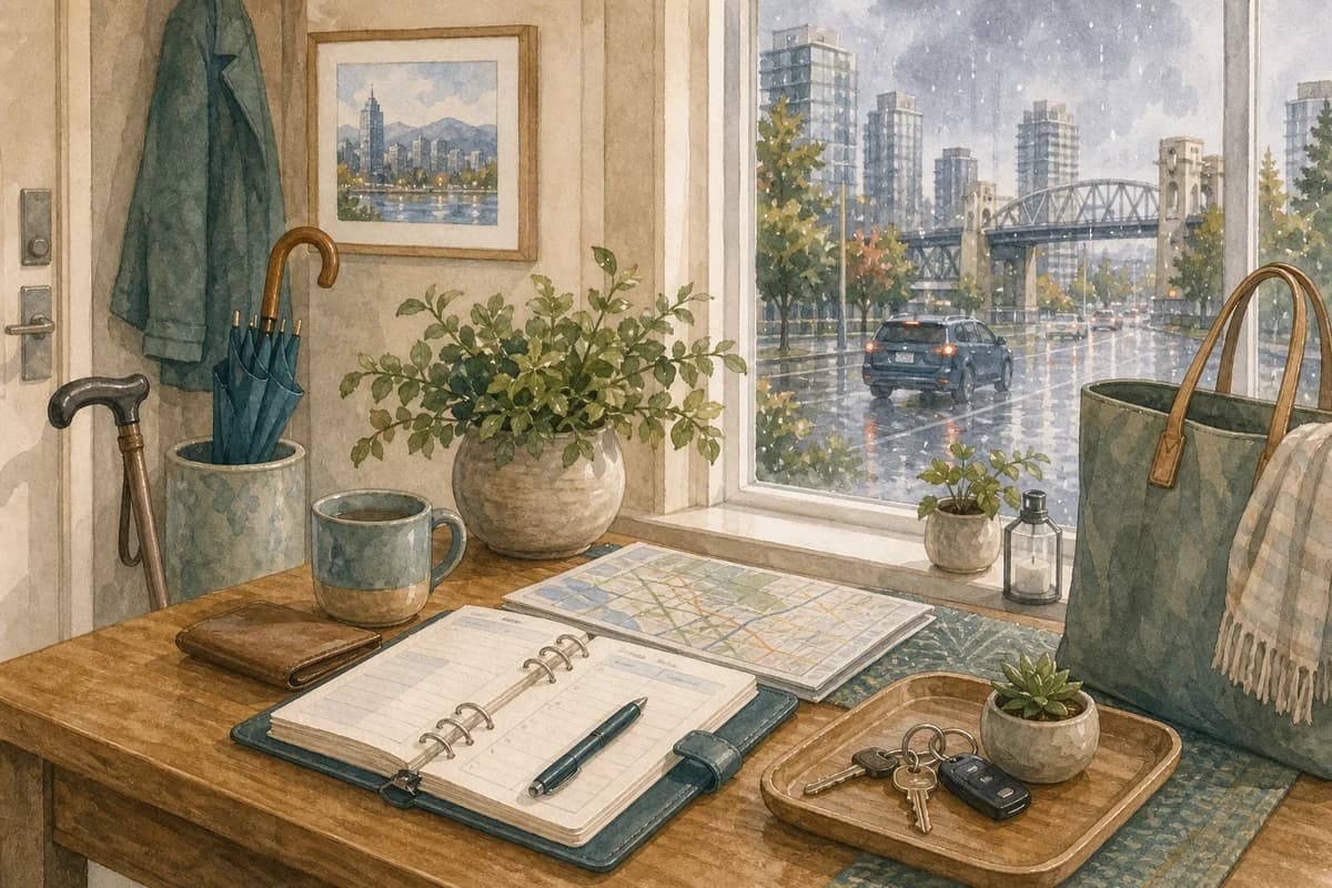 A Richmond home entry table with keys, a cane, appointment notes, and soft local daylight