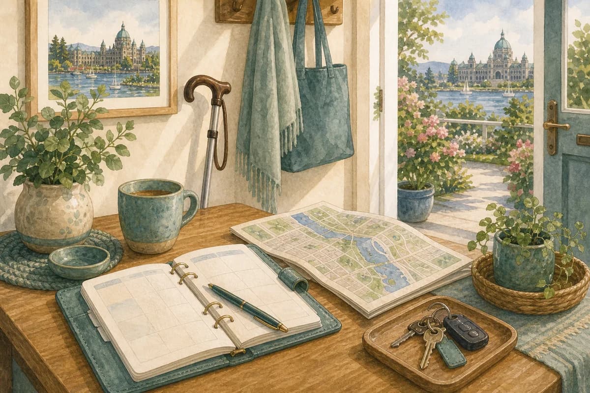 A Vancouver home entry table with keys, a cane, appointment notes, and soft local daylight